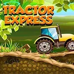 Sárga traktor egy dombos vidéki tájon, körülötte zöld levelek és a Tractor Express felirat