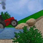 Egy vörös traktor vízen való átkelése köveket kerülgetve, háttérben egy szélmalommal és zöld dombokkal