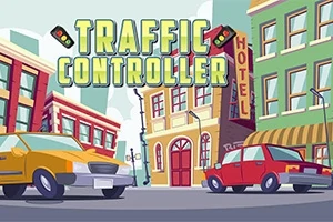 Rajzolt városi utcakép sárga és piros autókkal, háttérben egy szálloda épülete és a TRAFFIC CONTROLLER felirat