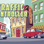 Rajzolt városi utcakép sárga és piros autókkal, háttérben egy szálloda épülete és a TRAFFIC CONTROLLER felirat