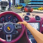 Autó belső tere piros kormánnyal, sofőr kezével, városi utcán, ahol kamionok és más autók láthatók