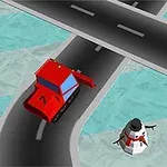 Egy piros hókotró és egy hóember látható egy kereszteződésben, háttérben a havas tájjal
