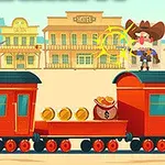 Két rajzfilmszerű cowboy egymással szemben áll egy vonaton, egy vadnyugati város háttér előtt
