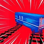 Kék vonat száguld piros háttér előtt, sugárzó vonalakkal körülvéve