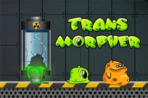 Egy laboratóriumi háttér előtt zöld és narancssárga szörnyecskék állnak, mellettük „Trans Morpher” felirat