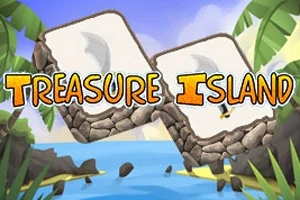 Egy trópusi szigeti táj két kőtáblával és a Treasure Island felirattal, pálmafák és az óceán látható a háttérben
