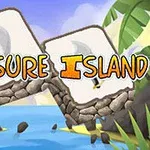 Egy trópusi szigeti táj két kőtáblával és a Treasure Island felirattal, pálmafák és az óceán látható a háttérben