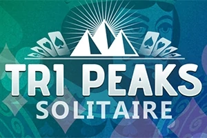 A képen egy három hegycsúcs szimbólum látható négy ász kártyalappal körülvéve, egy zöldes-kék háttér előtt, a TRI PEAKS SOLITAIRE felirat alatt