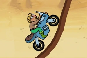 Egy animált figura kék motorral meredek felfelé tart egy homokos háttér előtt
