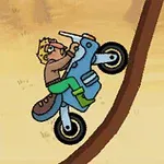 Egy animált figura kék motorral meredek felfelé tart egy homokos háttér előtt