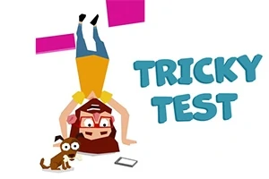 Egy fejjel lefelé álló szemüveges figura, mellette egy kutya, a Tricky Test felirat mellett