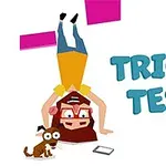 Egy fejjel lefelé álló szemüveges figura, mellette egy kutya, a Tricky Test felirat mellett