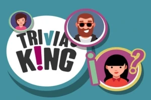 Kék háttérrel ellátott illusztráció, amelyen a Trivia King felirat, és három rajzolt figura szerepel, középen egy férfi és két nő, kérdőjellel együtt