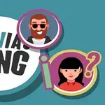 Kék háttérrel ellátott illusztráció, amelyen a Trivia King felirat, és három rajzolt figura szerepel, középen egy férfi és két nő, kérdőjellel együtt