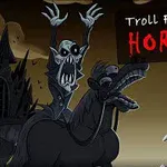 Egy sötét, komikus rajzfilmstílusú jelenet, ahol egy ijesztő alak lóháton ül, mellette pedig egy furcsa, vigyorgó karakter látható