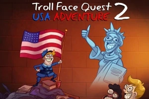 Rajzolt kép egy troll arccal, amely a Szabadság-szoborra hasonlít, mellette egy figurával, aki amerikai zászlót tart