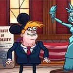 Rajzolt kép egy troll arccal, amely a Szabadság-szoborra hasonlít, mellette egy figurával, aki amerikai zászlót tart