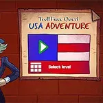 Egy rajzfilmszerű karakter Uncle Sam ruhában széles mosollyal áll egy USA Adventure feliratú plakát előtt, amelyen egy játékmenü látható