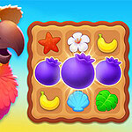 Tropical Match 2 Színes papagáj kalapban egzotikus gyümölcsökkel és tárgyakkal díszített játéktábla előtt