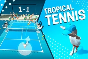 Egy animált teniszpálya, ahol három karakter játszik, a háttérben nézők láthatók, a jobb oldalon pedig a Tropical Tennis felirat szerepel