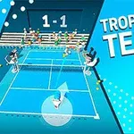 Egy animált teniszpálya, ahol három karakter játszik, a háttérben nézők láthatók, a jobb oldalon pedig a Tropical Tennis felirat szerepel