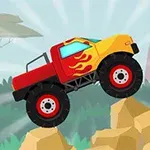 Piros és sárga színű monster truck lángmintával, sziklákon hajt keresztül egy természetes környezetben
