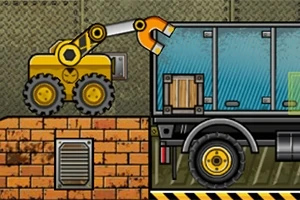Truck Loader 4 Sárga munkagép raklapot rak egy teherautó hátuljába ipari környezetben