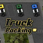 Három parkoló teherautó felülnézetből, sárga, zöld és kék színben, aszfaltozott parkolóban, mellettük Truck Parking felirat