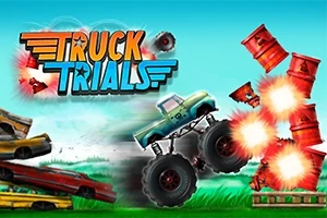 Egy nagy kerekű teherautó ütközik piros hordókkal, miközben háttérben a Truck Trials felirat látható
