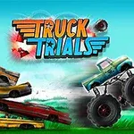 Egy nagy kerekű teherautó ütközik piros hordókkal, miközben háttérben a Truck Trials felirat látható