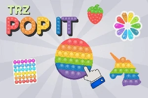 Színes, különböző alakú pop it játékok képe, beleértve egy eper, kör alakú és egyszarvú formát, háttérben sugarasan elrendezett sávokkal