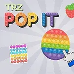 Színes, különböző alakú pop it játékok képe, beleértve egy eper, kör alakú és egyszarvú formát, háttérben sugarasan elrendezett sávokkal