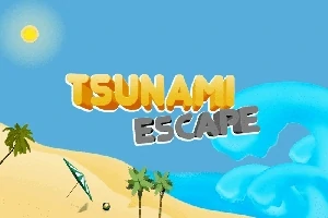 Homokos tengerpart pálmafákkal, napsütéssel, és kék hullámmal, a „TSUNAMI ESCAPE” felirattal