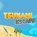 Homokos tengerpart pálmafákkal, napsütéssel, és kék hullámmal, a „TSUNAMI ESCAPE” felirattal