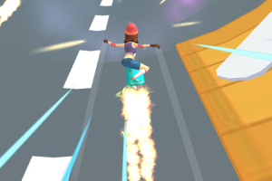 Egy fiatal figura rózsaszín sapkában és kék nadrágban repül egy égő hoverboardon az úton