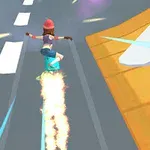 Egy fiatal figura rózsaszín sapkában és kék nadrágban repül egy égő hoverboardon az úton