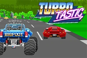 Kétsávos úton haladó kék monster truck és piros sportautó, háttérben zöld fák és nagy, színes Turbofastic felirat