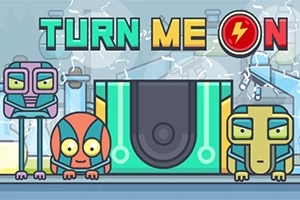 Három színes, rajzfilmszerű robot karakter áll egy futurisztikus háttér előtt, TURN ME ON felirattal a kép tetején