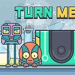 Három színes, rajzfilmszerű robot karakter áll egy futurisztikus háttér előtt, TURN ME ON felirattal a kép tetején