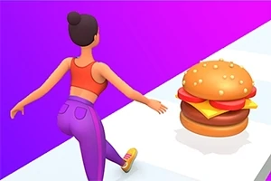 Egy színes, stilizált figura fut egy hamburgert ábrázoló úti akadály felé