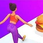 Egy színes, stilizált figura fut egy hamburgert ábrázoló úti akadály felé