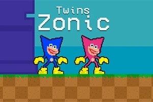 Két színes, rajzfilmszerű figura, egy kék és egy rózsaszín, áll egy 8 bites stílusú platformon, a háttérben a Twins Zonic felirat látható
