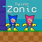 Két színes, rajzfilmszerű figura, egy kék és egy rózsaszín, áll egy 8 bites stílusú platformon, a háttérben a Twins Zonic felirat látható