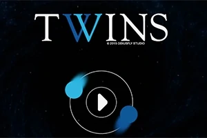 A TWINS felirat felett két kék fénypont forog egy kör körül, fehér háttérrel és play ikonnal a közepén