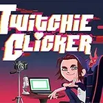 Egy illusztrált karakter ül egy számítógépnél mikrofonnal és kamerával, a háttérben a Twitchie Clicker felirat látható