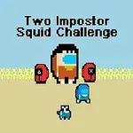 Két piros és egy kék figurából álló pixelgrafikás karakterek egy sárga mezőn, háttérben a Two Impostor Squid Challenge felirattal