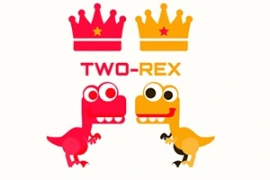 Két stilizált dinoszaurusz (piros és sárga) koronával és TWO-REX felirattal