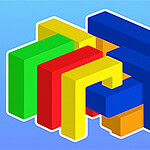 Színes, egymásba illeszkedő Tetris-szerű elemek kék háttérrel