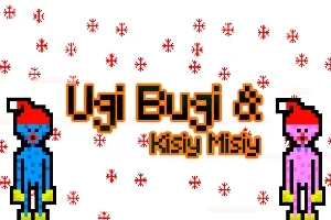 Két pixelart figura ünnepi sapkában áll egymással szemben, körülöttük piros hópelyhek és a Ugi Bugi & Kisy Misy felirat látható
