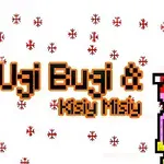 Két pixelart figura ünnepi sapkában áll egymással szemben, körülöttük piros hópelyhek és a Ugi Bugi & Kisy Misy felirat látható